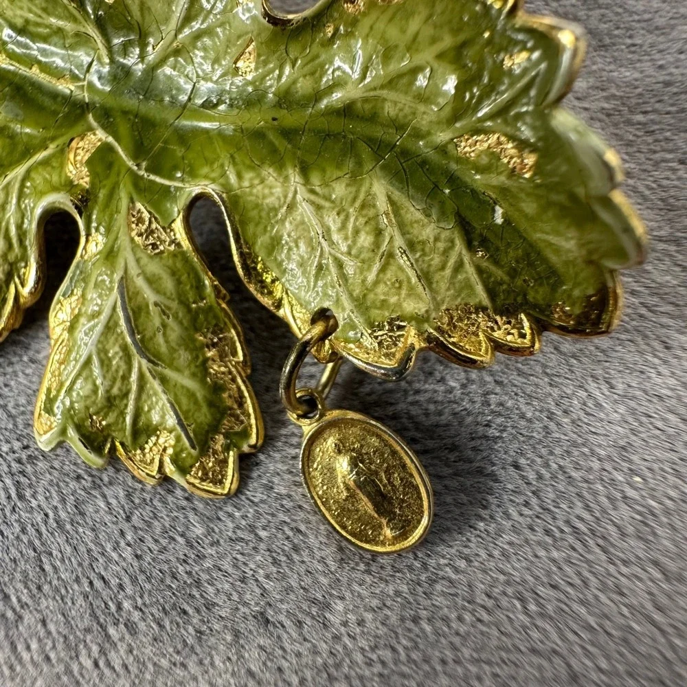 Vintage Green Enamel Leaf Brooch Gold Tone Miraculous Medal Charm Spring Pin